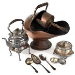 A 19th century copper coal scuttle of helmet form with wooden handled scoop, a plated spirit kettle,