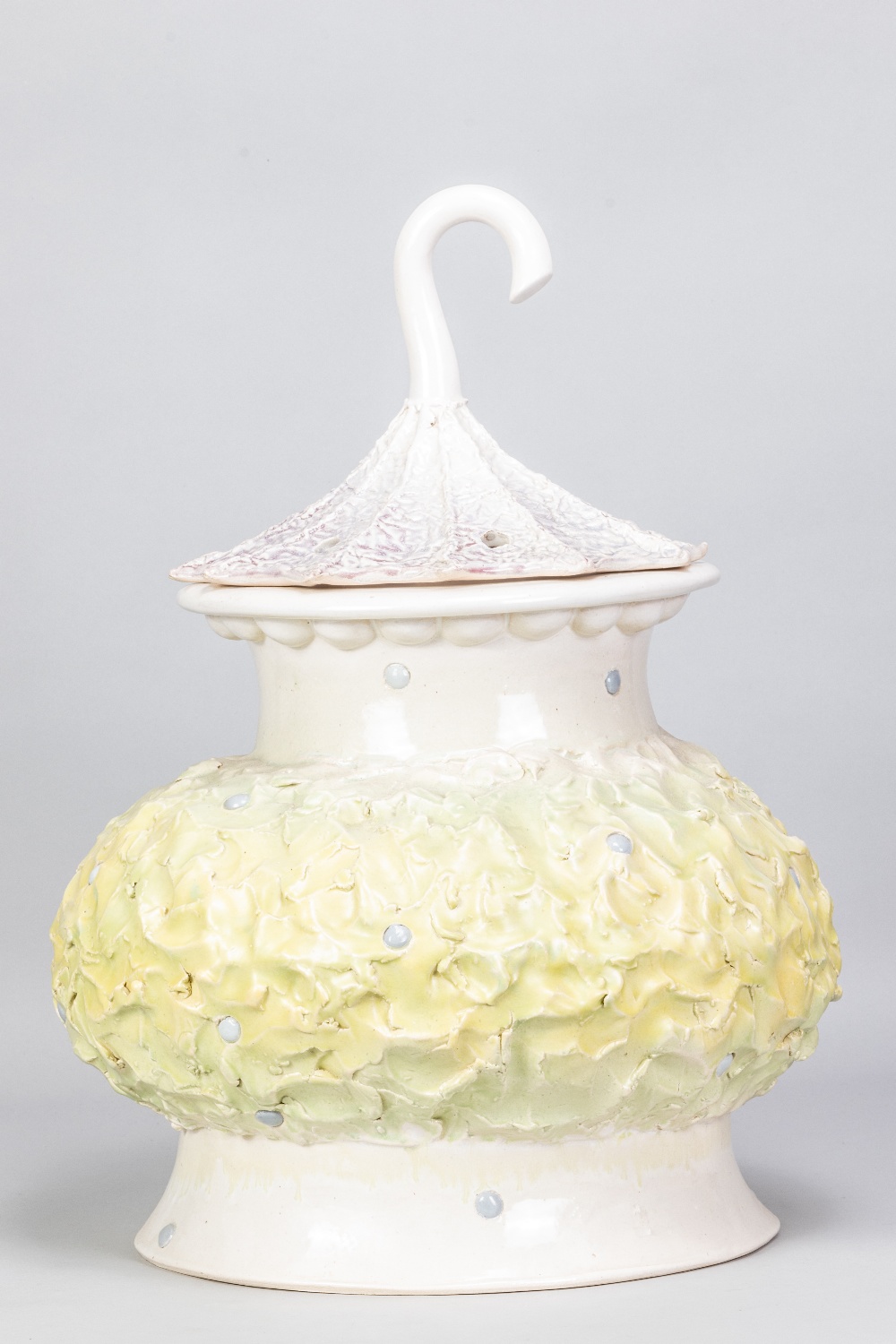 RICHARD SLEE (born 1946); a large earthenware pot and pierced cover with lime green belly and