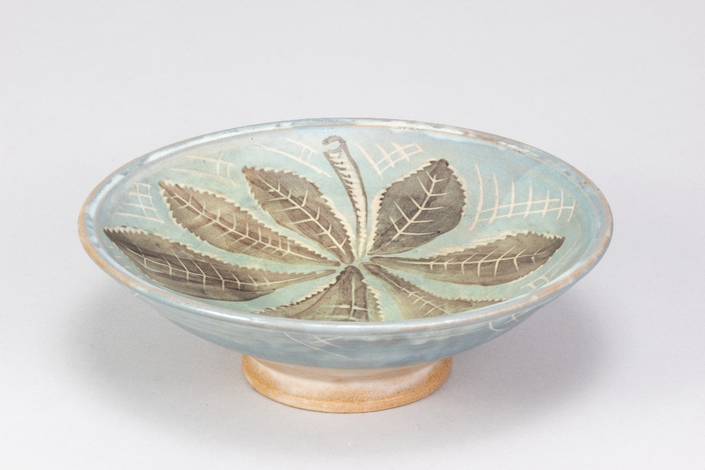 SYBIL FINNEMORE for Yellowsands Pottery; a stoneware footed dish with incised and painted leaf - Image 2 of 5