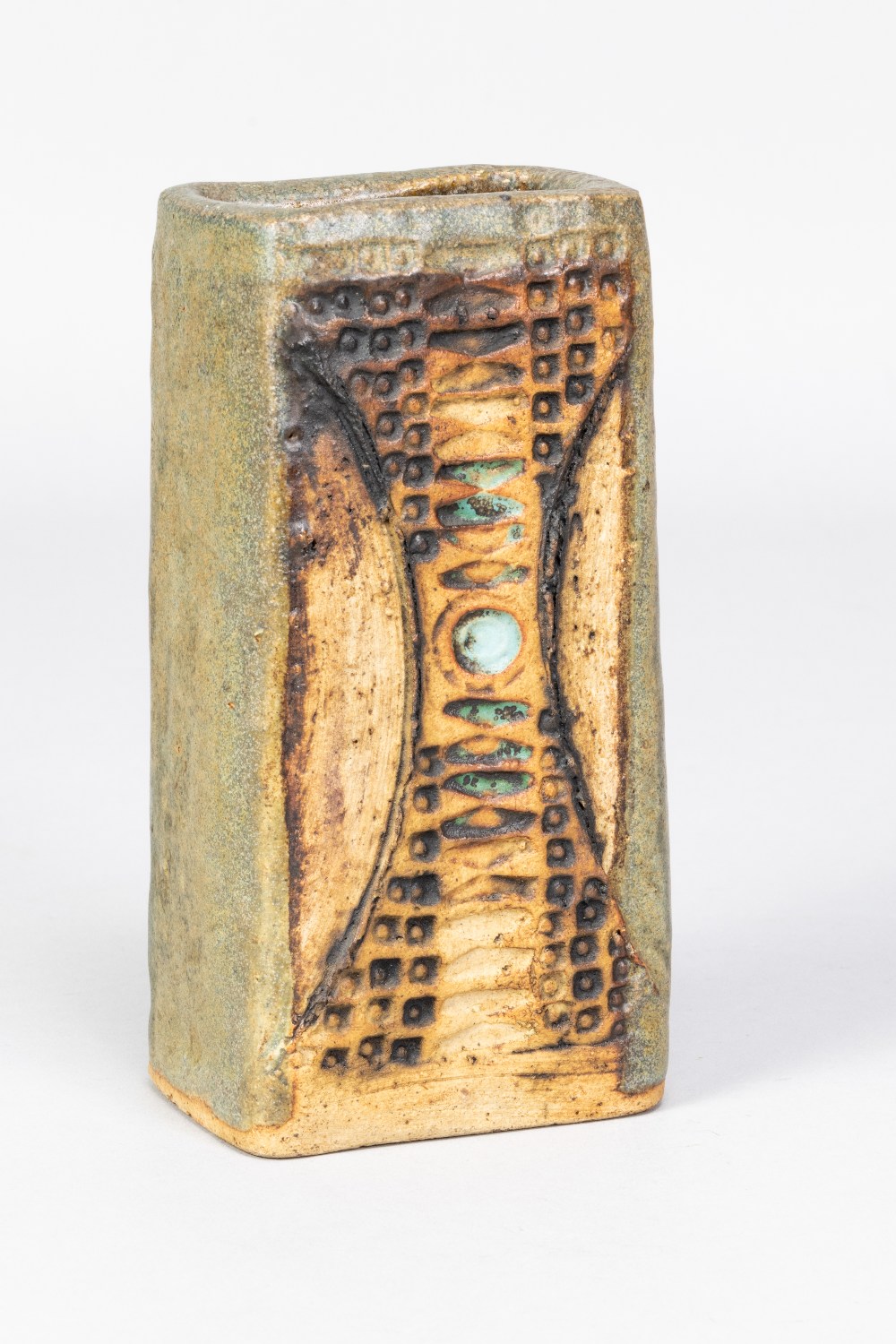 ALAN WALLWORK (1931-2019); a rectangular stoneware vase with impressed decoration, incised W mark,