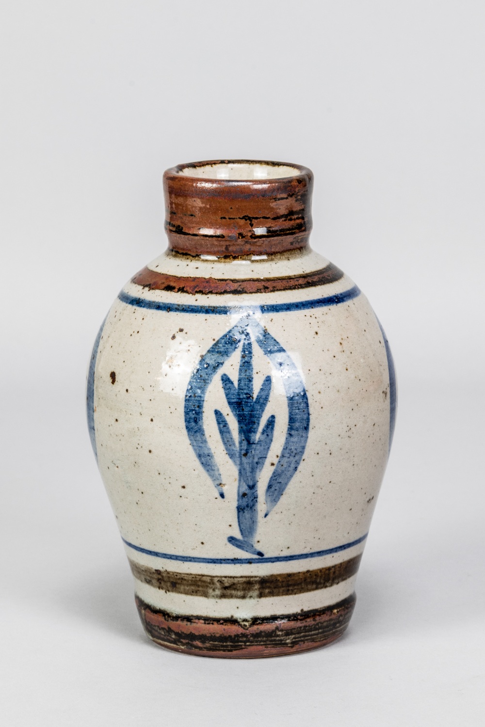 DONALD MILLS (1922-1996); a stoneware vase with iron and cobalt decoration on grey ground, incised