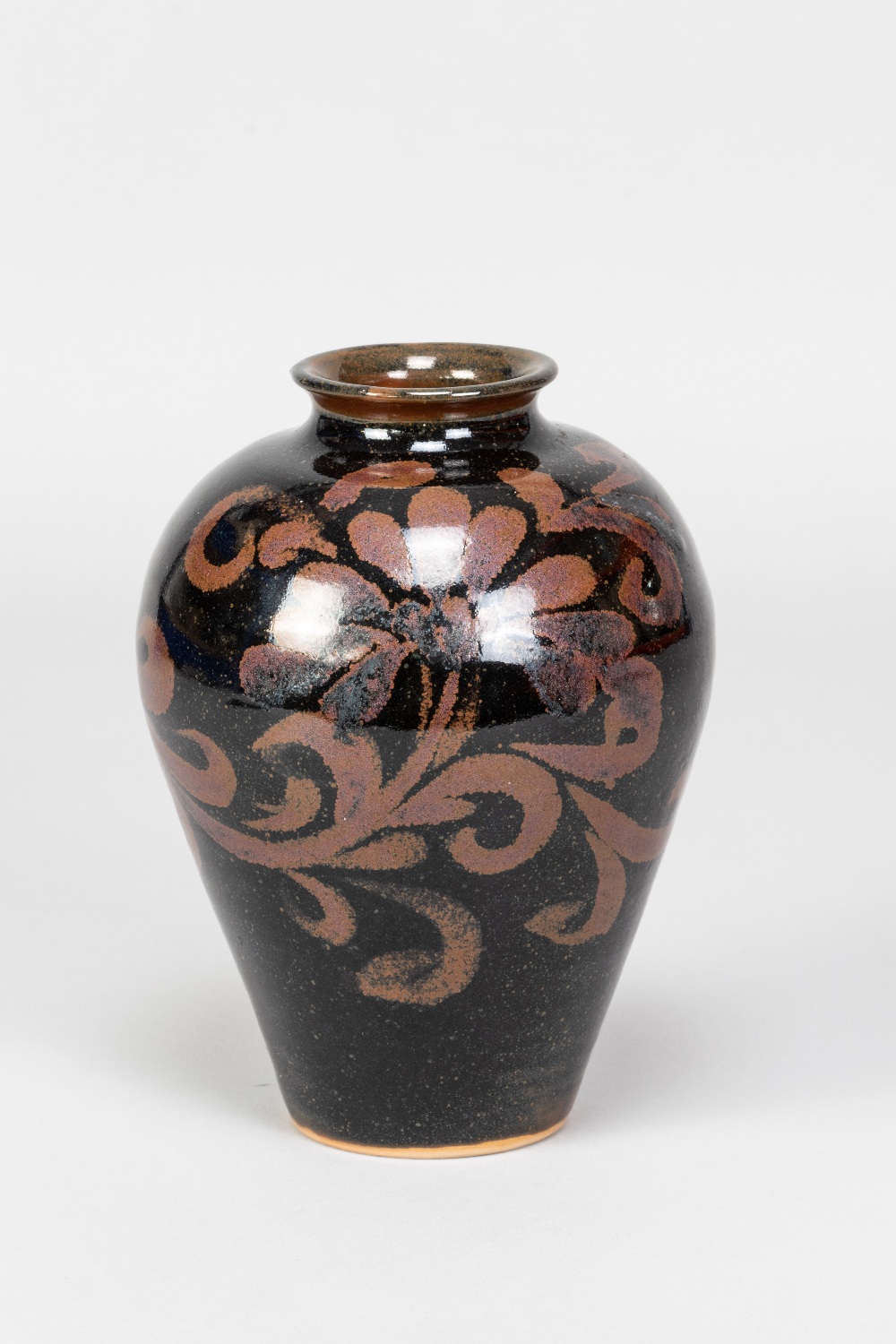 CHARLES VYSE (1882-1971); a stoneware vase with floral decoration on tenmoku ground, incised CV mark - Image 2 of 5