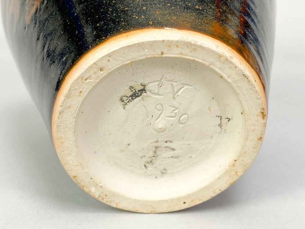 CHARLES VYSE (1882-1971); a stoneware vase with floral decoration on tenmoku ground, incised CV mark - Image 5 of 5
