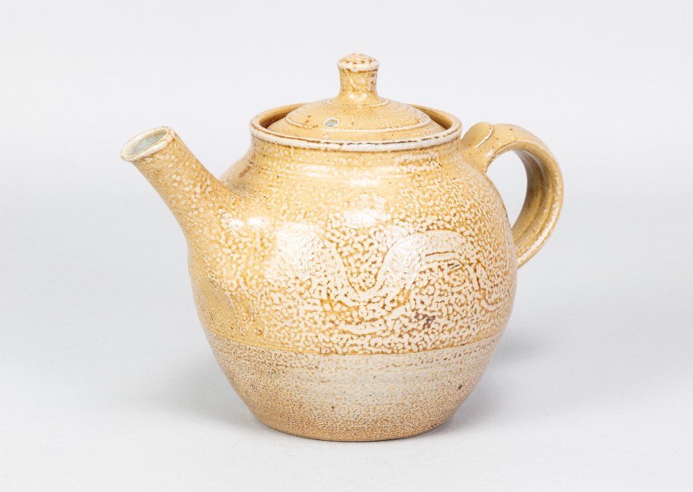 RAY FINCH (1914-2012) for Winchcombe Pottery; a salt glazed teapot with meander decoration,