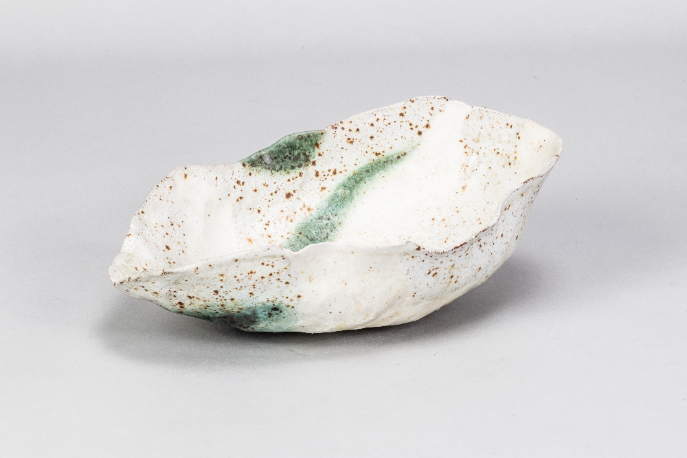 EWEN HENDERSON (1934-2000); a dish form, mixed laminated stoneware and bone china clays, textured