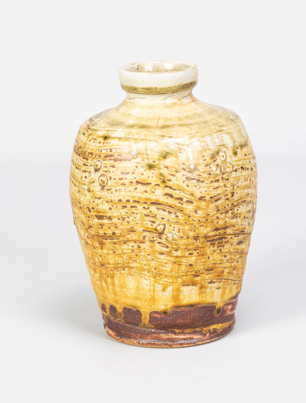 MIKE DODD (born 1943); a stoneware bottle covered in mottled oatmeal glaze with green top, impressed - Image 2 of 5