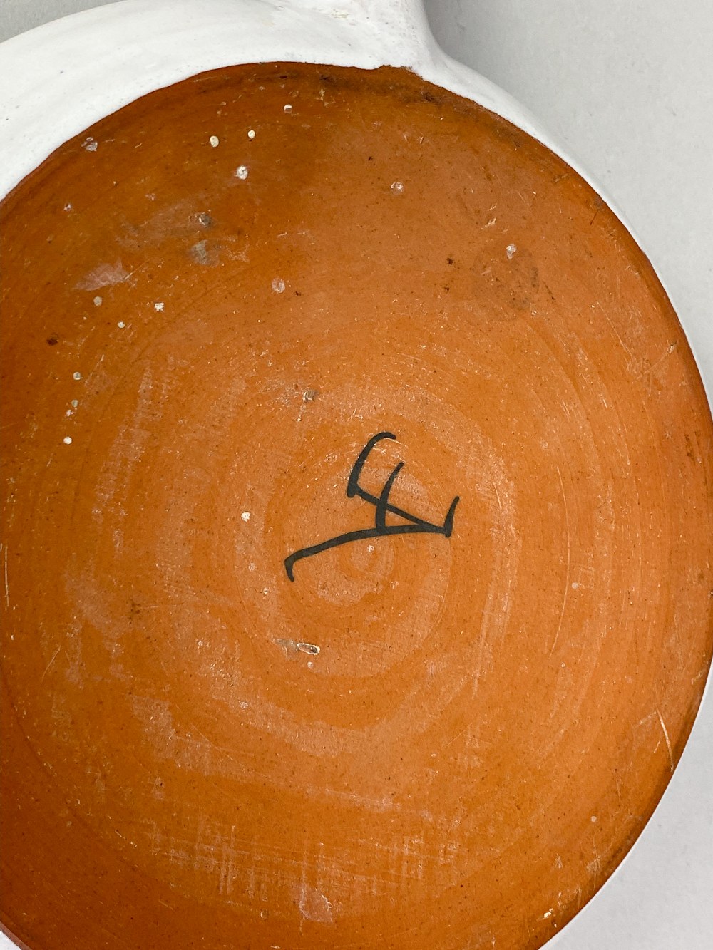 GEOFFREY EASTOP (1921-2014) for Aldermaston Pottery; a tin glazed earthenware skillet, painted AE - Image 5 of 5