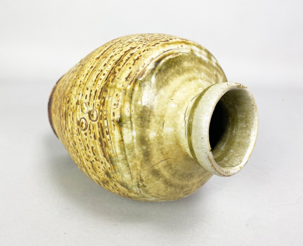 MIKE DODD (born 1943); a stoneware bottle covered in mottled oatmeal glaze with green top, impressed - Image 3 of 5