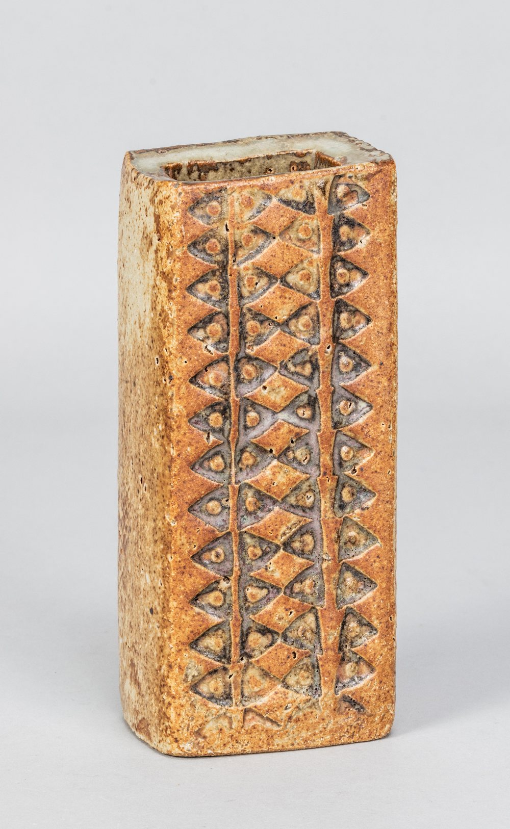 ALAN WALLWORK (1931-2019); a rectangular stoneware vase with impressed decoration, incised W mark,