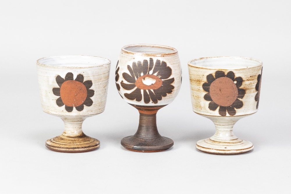 Briglin Pottery; seven tin glazed earthenware goblets with four different decorations, impressed - Image 2 of 5