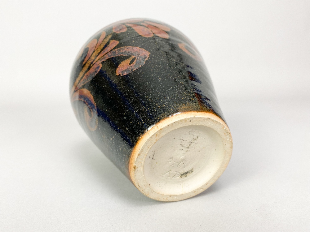 CHARLES VYSE (1882-1971); a stoneware vase with floral decoration on tenmoku ground, incised CV mark - Image 4 of 5