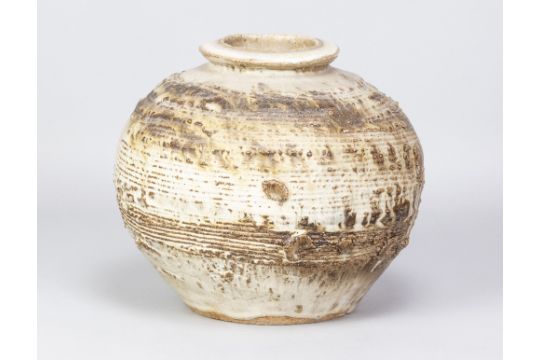 IAN AULD (1926-2000); a large globular stoneware pot with heavily textured surface, impressed IA - Image 2 of 5