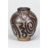 MARGARET REY (1911-2010); a large stoneware vase with iron decoration on mottled grey ground,