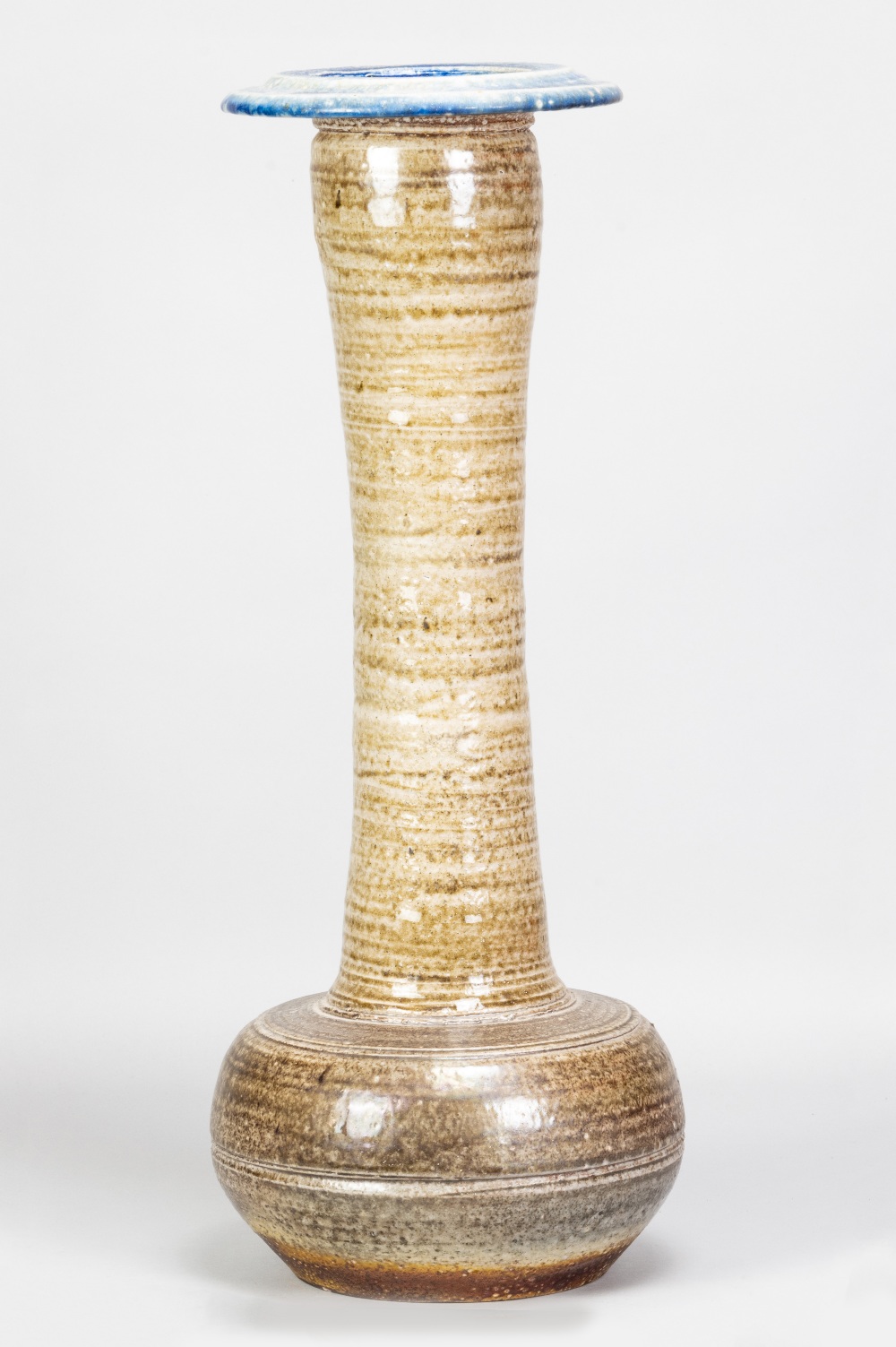 KAREN KARNES (1925-2016); a tall salt glazed bottle with elongated neck, cobalt rim and applied - Image 2 of 5