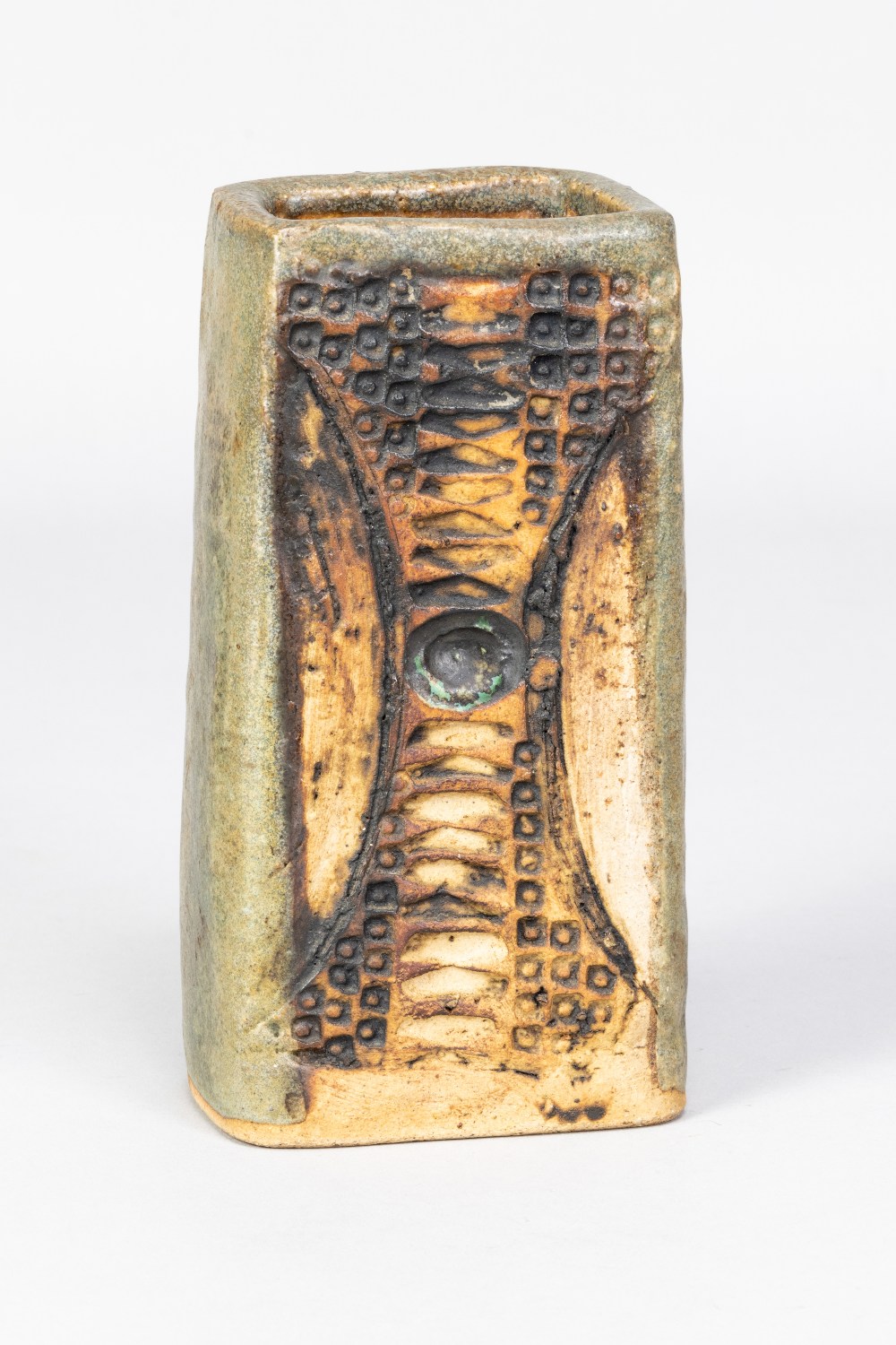 ALAN WALLWORK (1931-2019); a rectangular stoneware vase with impressed decoration, incised W mark, - Image 2 of 5