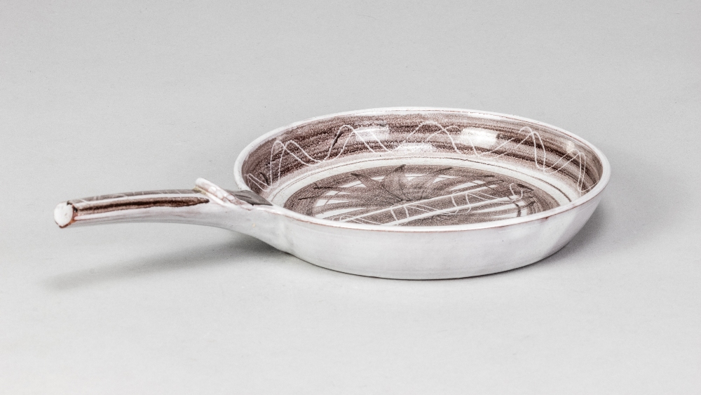 GEOFFREY EASTOP (1921-2014) for Aldermaston Pottery; a tin glazed earthenware skillet, painted AE - Image 2 of 5