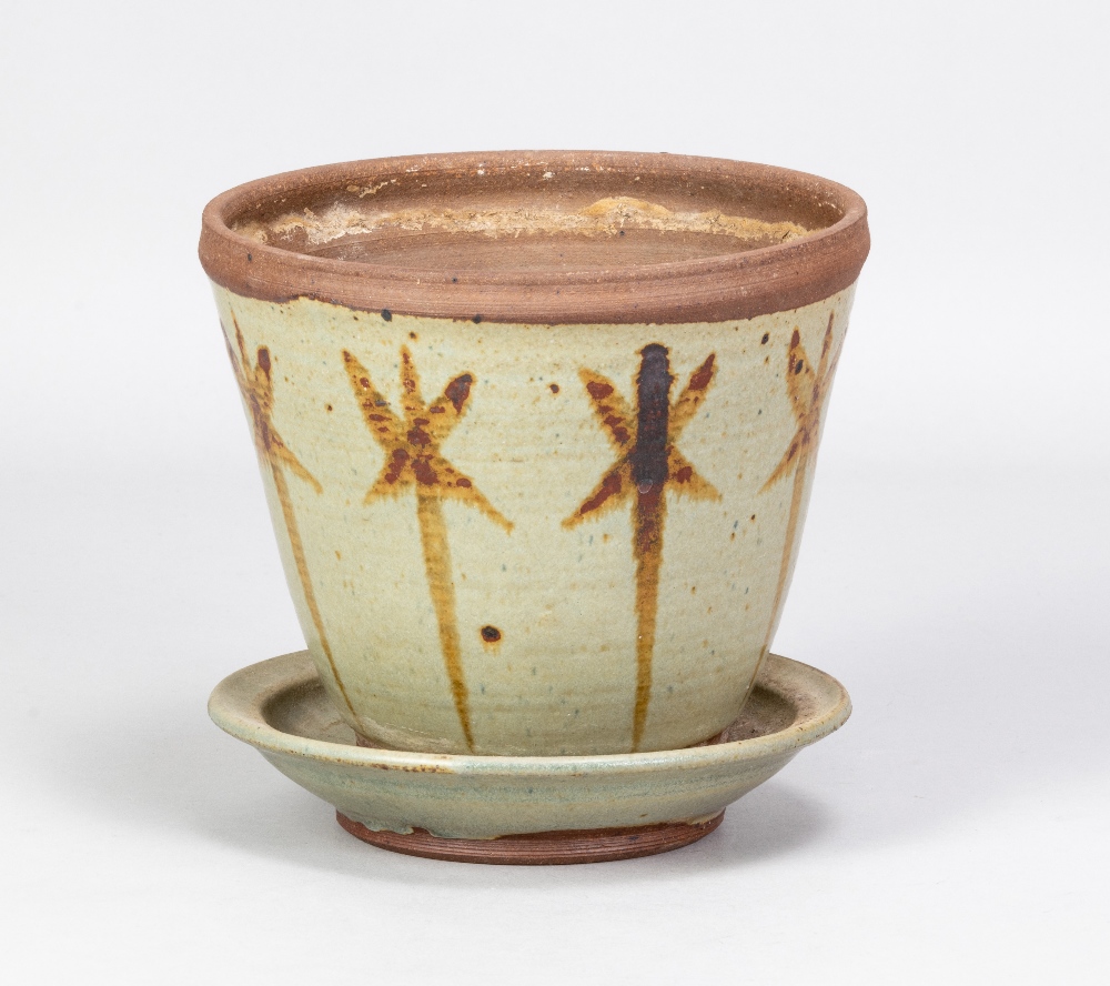 VERA TOLLOW (born 1931); a stoneware flower pot and saucer with iron decoration on green/grey - Image 2 of 6