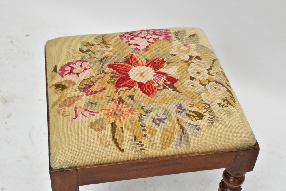 A 19th century mahogany framed stool with tapestry top, raised on fluted column supports, height - Image 2 of 2