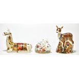 ROYAL CROWN DERBY; three paperweights comprising 'Llama', 'Fawn' and 'Meadow Rabbit', with gold