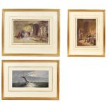 UNATTRIBUTED; three watercolours, the first a study of a fishing boat hauling in the catch by
