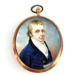 ATTRIBUTED TO JOHN WRIGHT; an 19th century watercolour portrait miniature, quarter length, of a