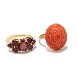 An 18ct yellow gold and floral carved coral ring, size M, also a further dress ring stamped 18ct,