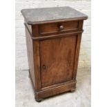 A late 19th century French walnut and pine bedside table, with marble top above a drawer and