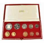 A South African 1974 ten coin set comprising gold two and one rand coins, approx 12.0g, a silver one