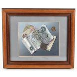NORMAN BLACK; acrylic, still life study of pre-decimal banknotes and coins, signed lower right, 14.5