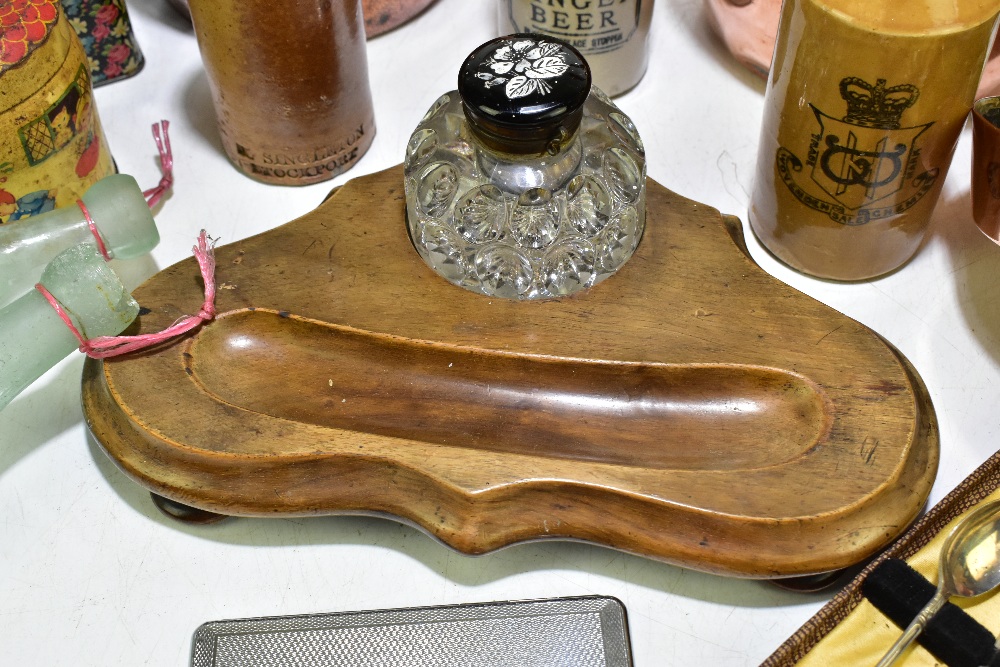 A Victorian walnut desk stand, of serpentine form with moulded glass inkwell and enamelled lid, - Image 5 of 8