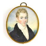 19TH CENTURY ENGLISH SCHOOL; watercolour, portrait miniature, quarter length, of a gentleman looking