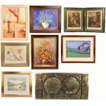 A group of decorative pictures and prints including a Gillian Lichfield oil, harbour scene, a pair