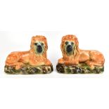 A pair of late 19th century Staffordshire lions, with glass eyes, raised on naturalistic oval plinth