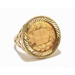An Elizabeth II full sovereign, 2002, in 9ct gold ring mount, size X, approx 14.3g.