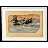 AFTER ALFRED WALLIS; pencil and oil, figures in a sailing vessel in stormy seas, unsigned, approx 18