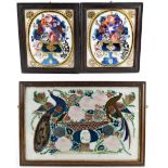 Three 19th century naive reverse painted glass panels, the largest featuring two pheasants and all