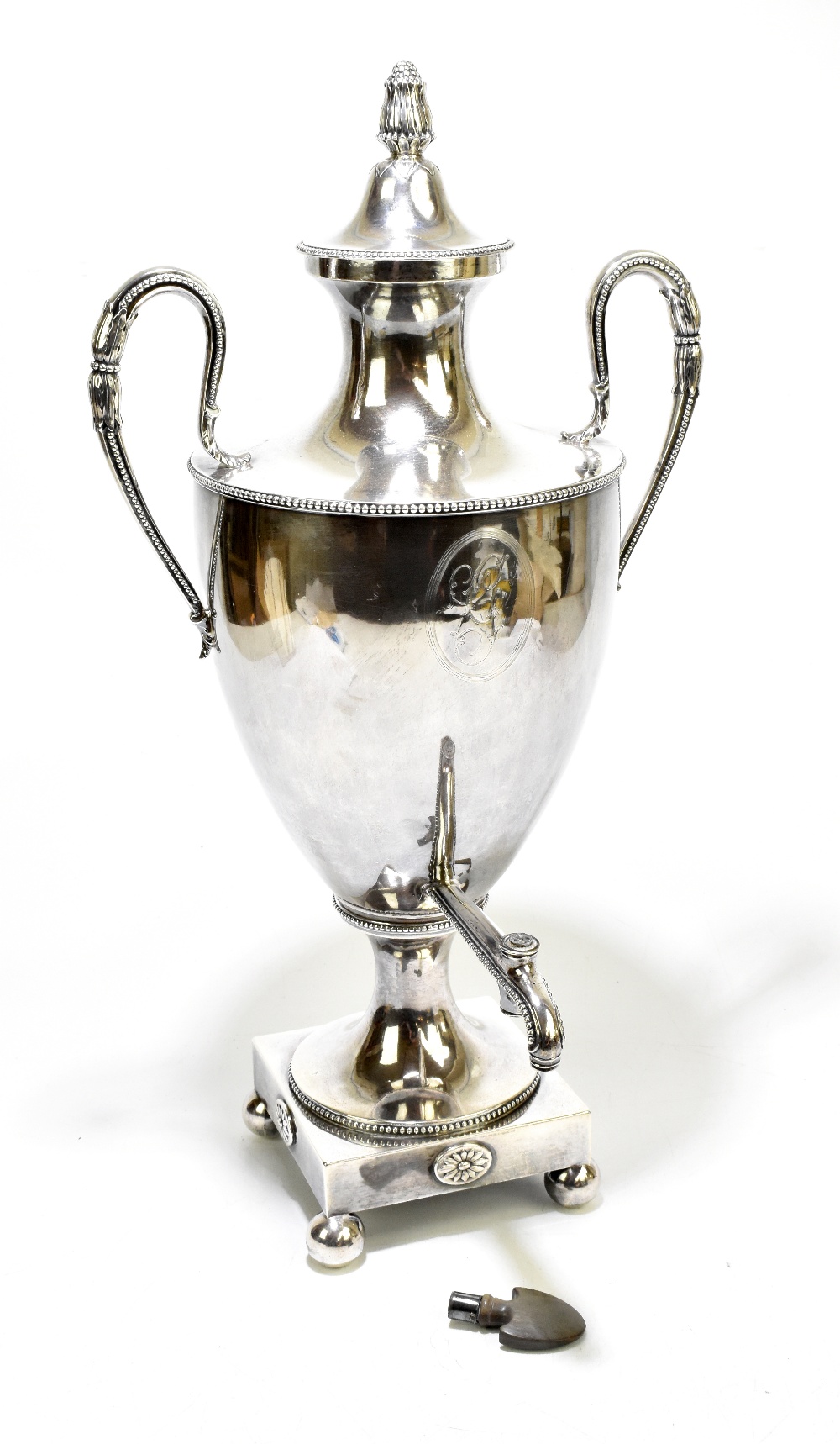 HENRY CHAWNER; a large George III hallmarked silver twin handled tea urn and cover, the detachable