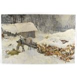 ALEXANDER NEMTSOV (Russian, born 1953); oil on board, a horse and cart in the snow by a barn,