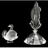 LALIQUE FRANCE; a clear and frosted glass 'Double Swan' paperweight, signed to base, with box and