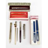 A collection of fountain and ballpoint pens to include a cased Sheaffer example, Parker examples.