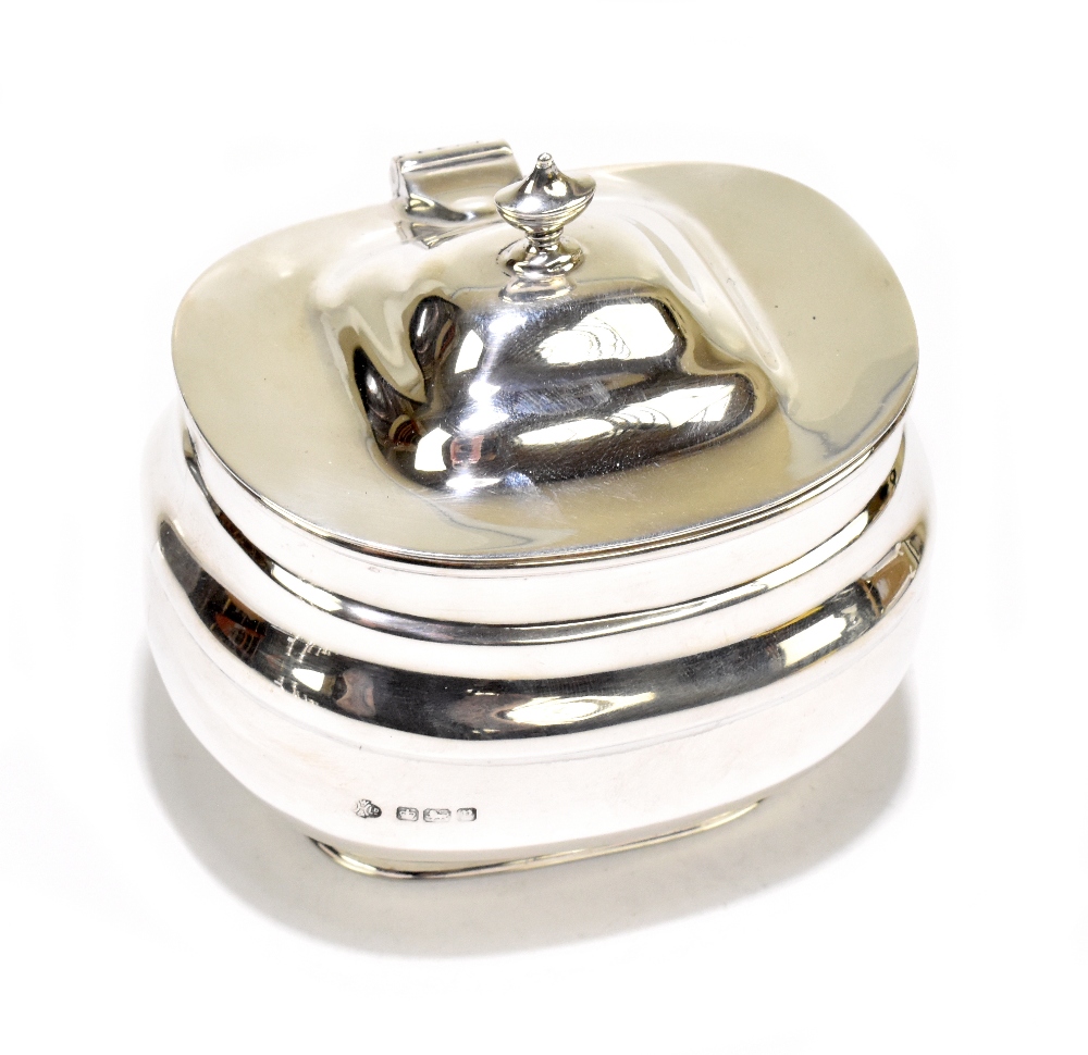 WILLIAM HUTTON & SONS LTD; a George V hallmarked silver tea canister of rounded rectangular form,