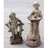 A reconstituted garden ornament modelled as a bird bath with young girl holding a shell in front