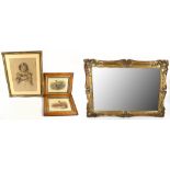 A gilt mirror, 60 x 83cm (af), a pencil sketch depicting a girl reading signed Kathleen Hickey and