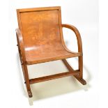 A mid-20th century child's bentwood and inlaid plywood rocking chair, the back panel inlaid with