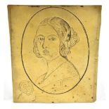 An 18th century gilt brass panel chased with a portrait bust beside a rose to the corner, at the