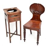 A Victorian mahogany hall chair with shell back and a mahogany wash stand with single drawer, height