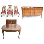 An early 20th century walnut dining suite, comprising pull-out extending dining table, raised on