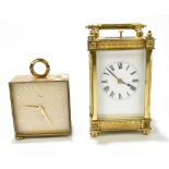 A late 19th century brass cased double chiming repeating carriage clock, the white enamel dial set