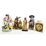 Four Staffordshire figures and groups, comprising two courting couples, the first with dog and
