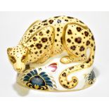 ROYAL CROWN DERBY; a limited edition 'Savannah Leopard' paperweight, 922/1000, with gold stopper,